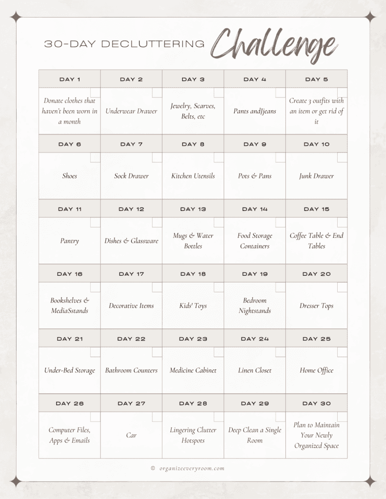 Check off sheet for the 30 Day Decluttering Challenge