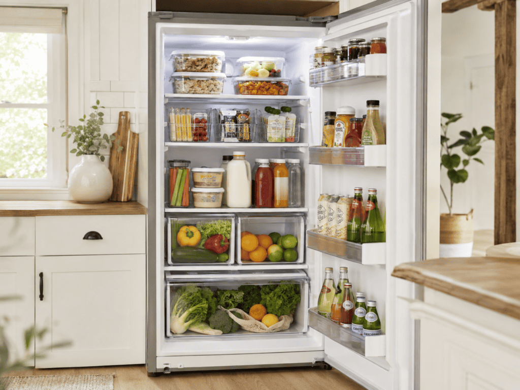 A white kitchen with an open refrigerator displaying all the food that is inside.