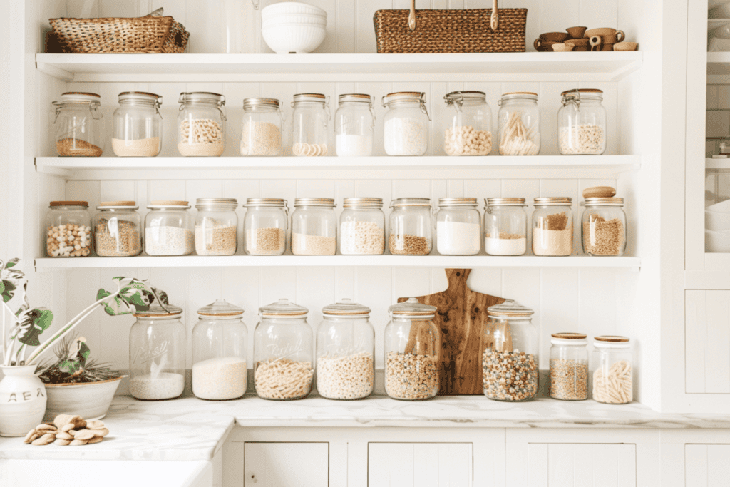 jars with food on shelves in a kitchen