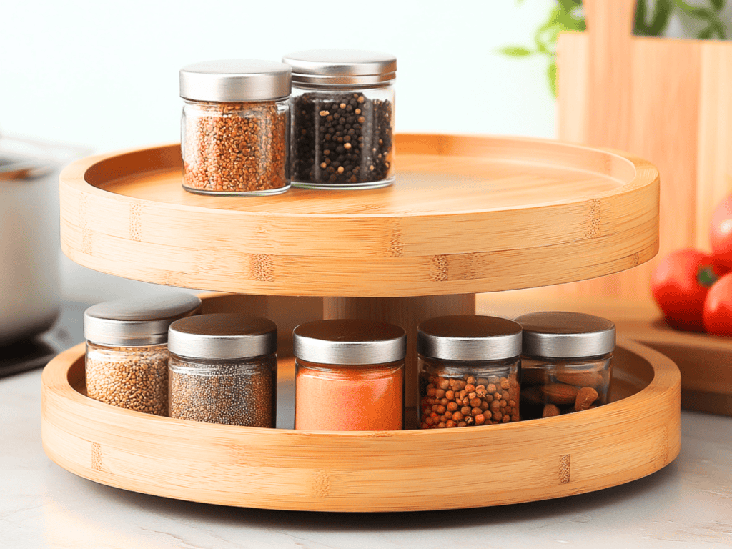 Two tiered bamboo lazy susan with jars of spices