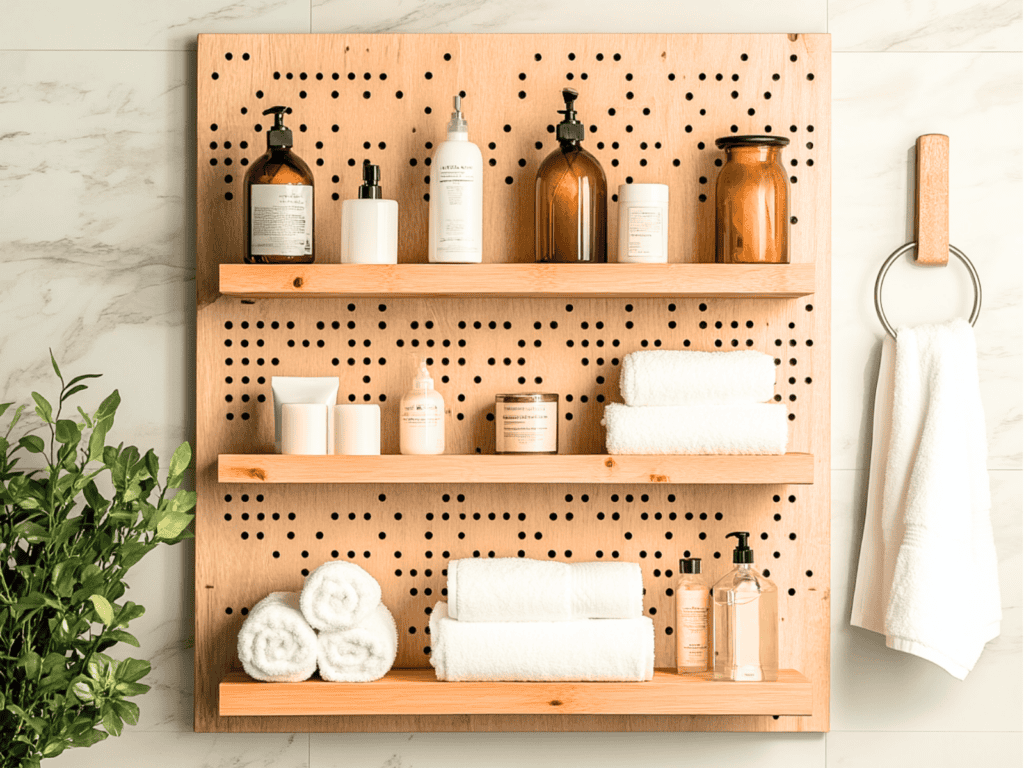 A pegboard with three shelves in a bathroom