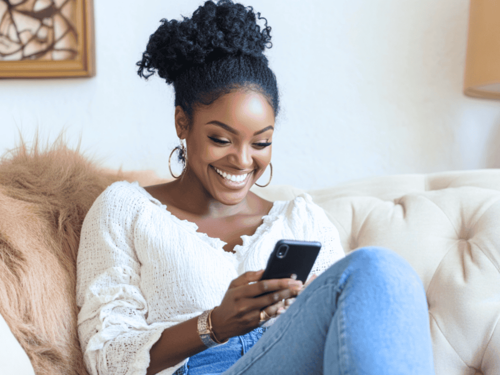 Woman sitting on a couch looking at her phone and smiling