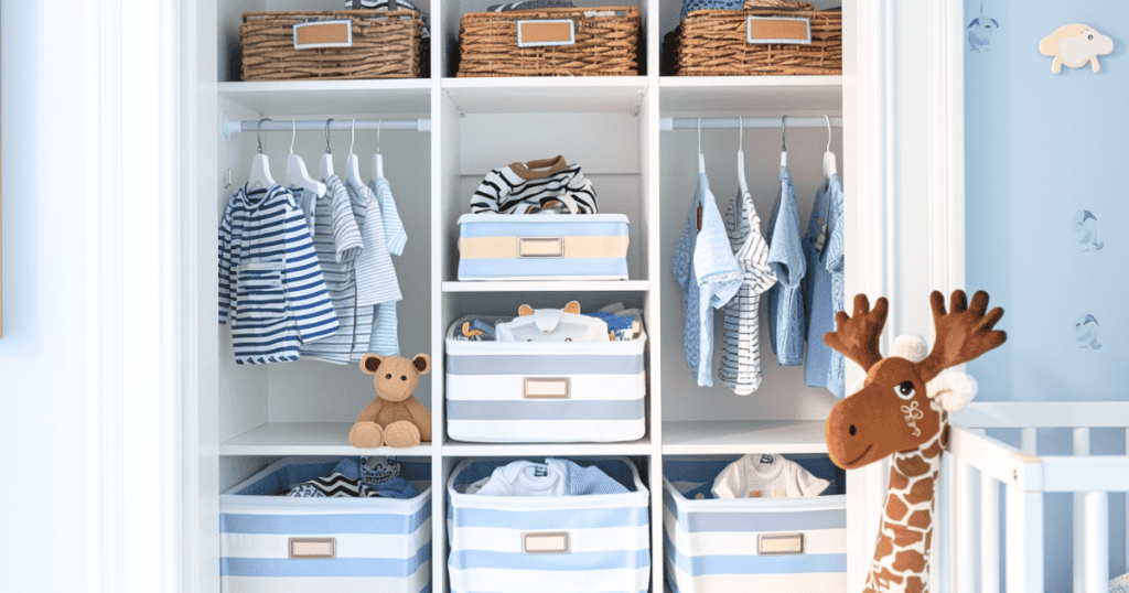 White closet with blue baskets on the shelves and little boys clothes on hangers