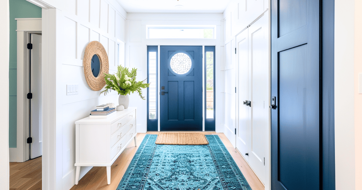 Blue white entryway with organized bench and rug