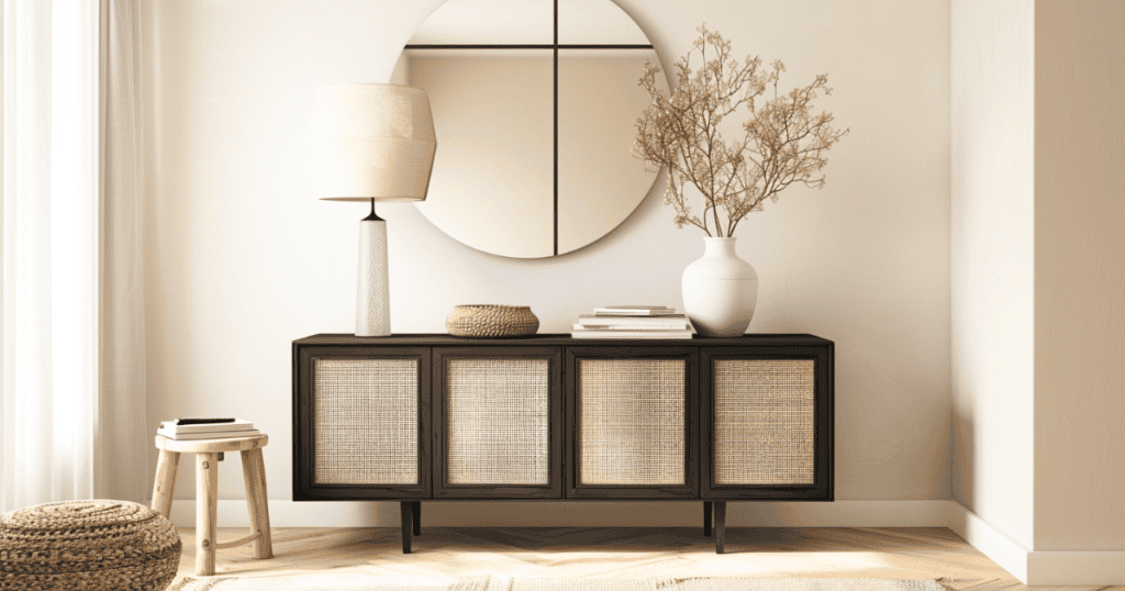 Brown entryway table with lamp, vase, and mirror on it