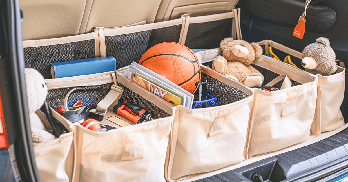 Car trunk organized with bins