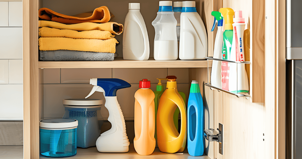 cleaning supplies in a cabinet