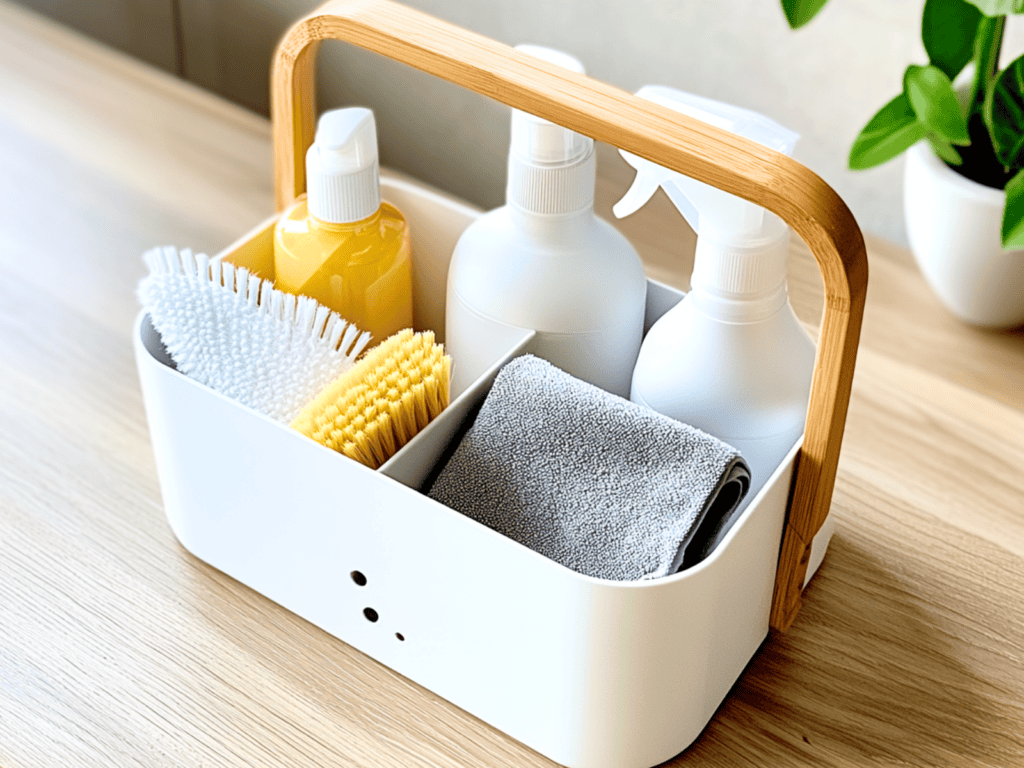 Cleaning supplies in a carrying caddy on a wood table