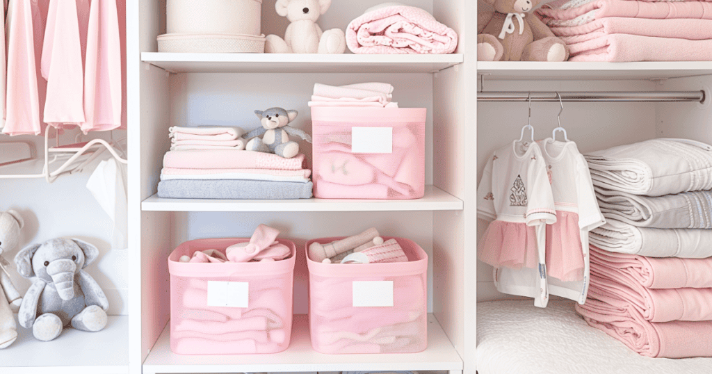 White shelves with pink storage bins that are see through