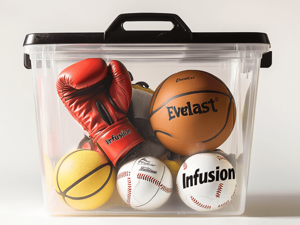 Clear tote with sports equipment inside