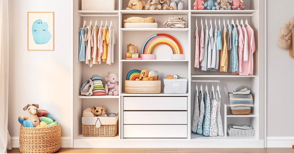 Three white drawers for a child in a closet with clothes hanging on the sides