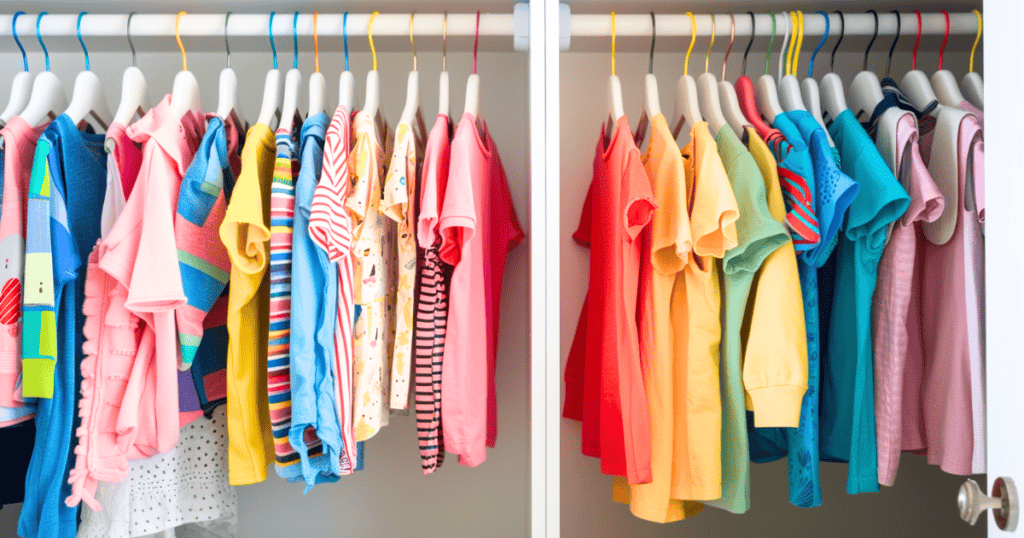 hangers that are different colors hanging in a kids closet