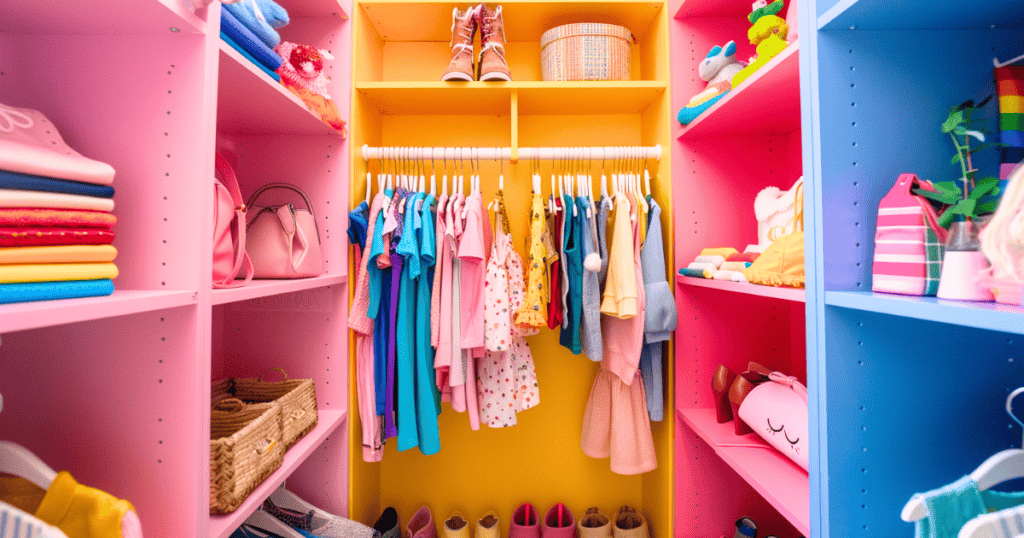 Orange and pink closet with kids clothes and shoes