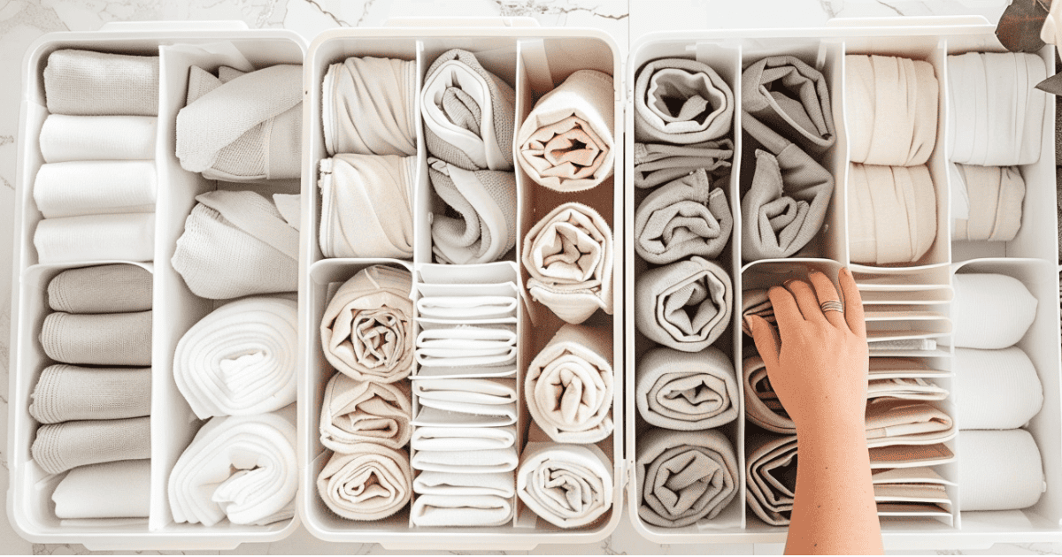 Clothes that have been decluttered and stored in baskets and bins