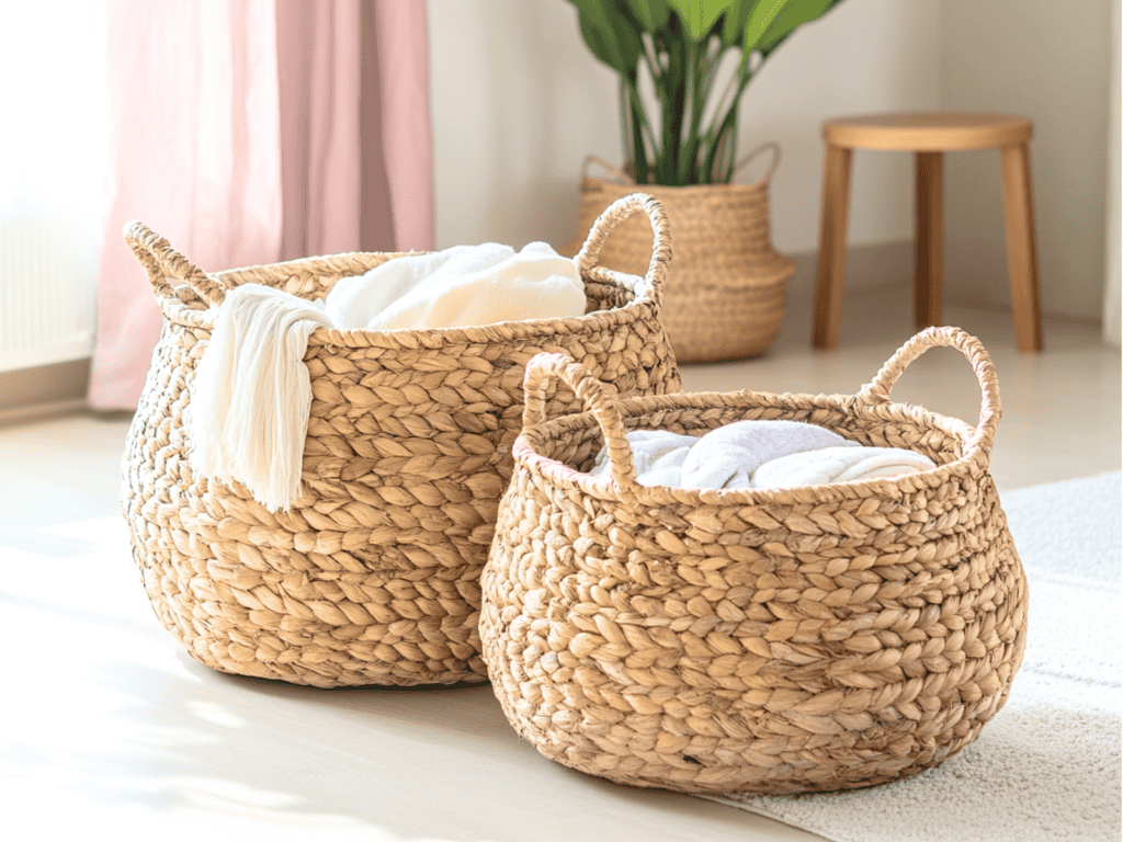 Two woven decorative baskets sitting on the floor beside a house plant