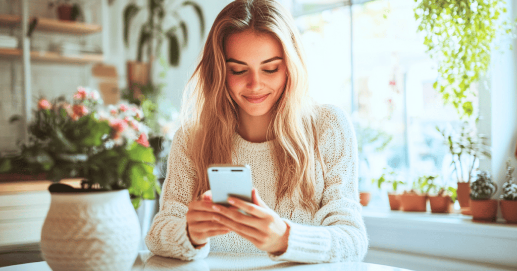 Woman doing a digital declutter on her phone at her kitchen table