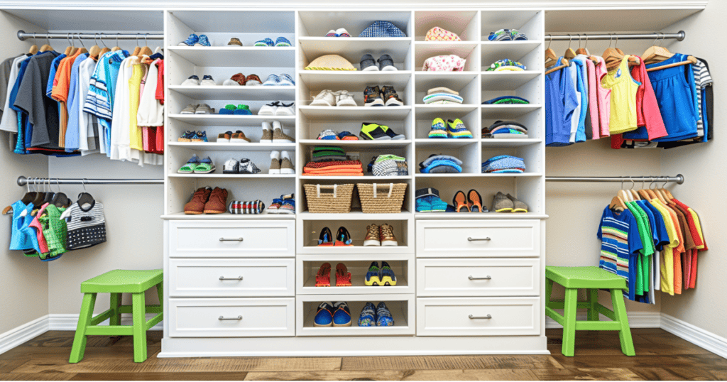 White closet with drawers and double hanging rods