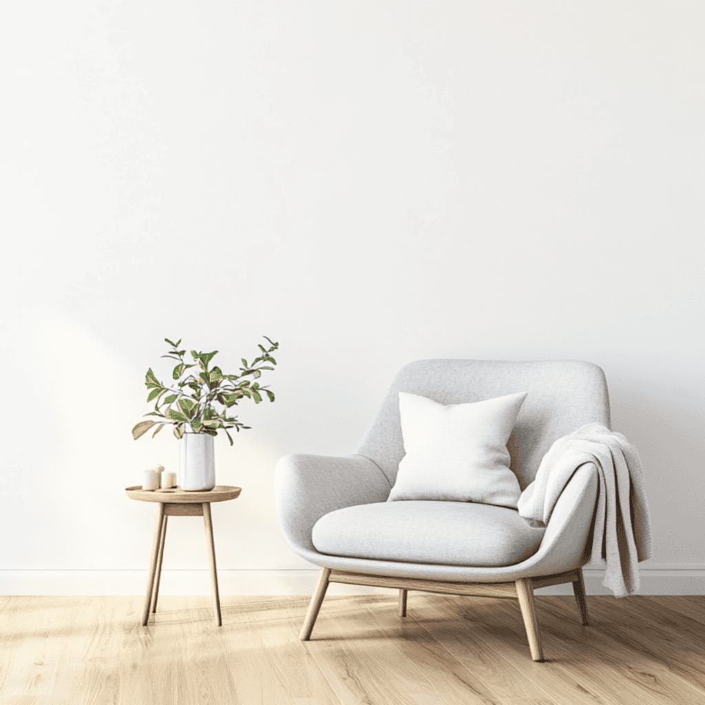 A chair beside a table with a plant on it. A minimalist look