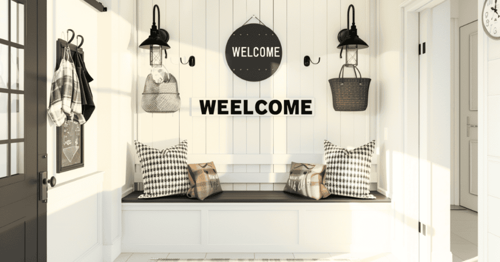 Entryway with a welcome sign hanging over a storage bench with pillows