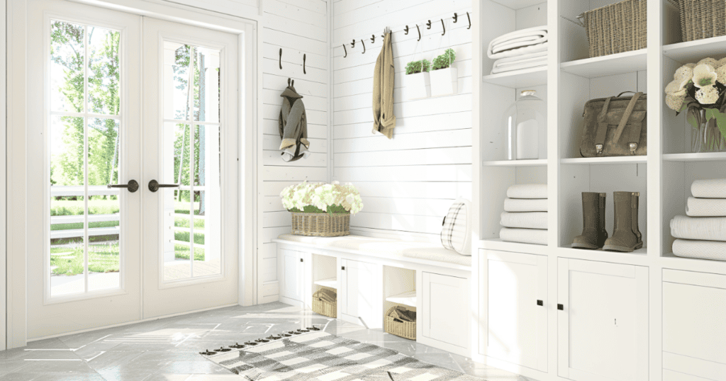 Entryway with greenery and flowers with white walls and shelves