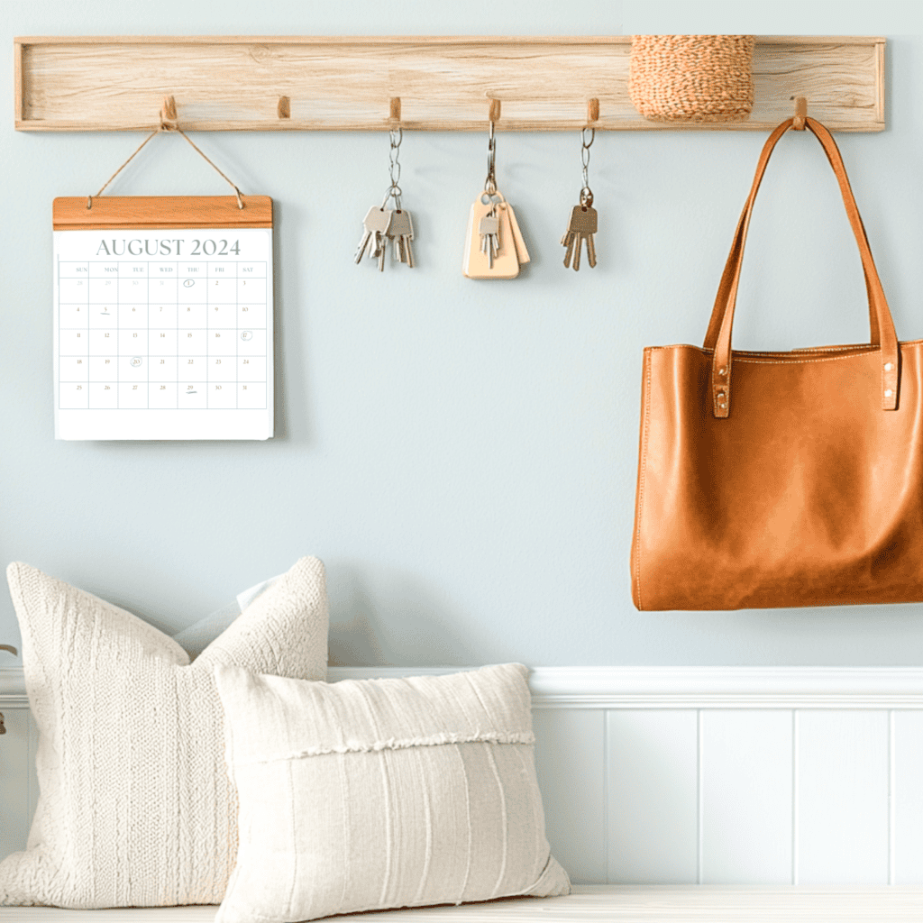 A calendar, keys, and a purse hanging on hooks above a bench