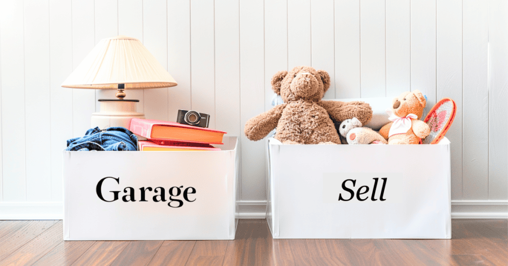 Two boxes of clutter, one says Garage and the other says Sell