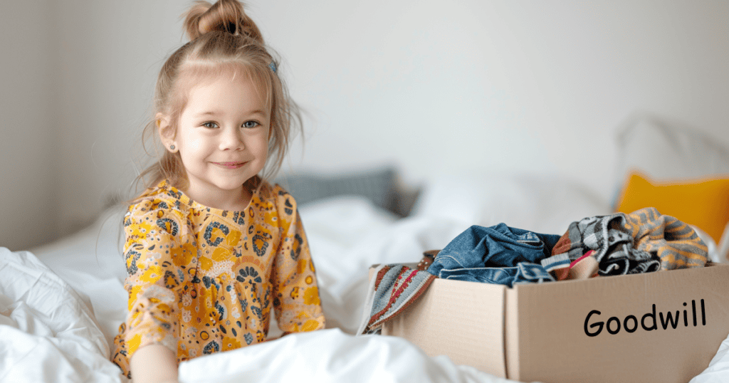 little girl sitting next to a box of clothes labeled Goodwill