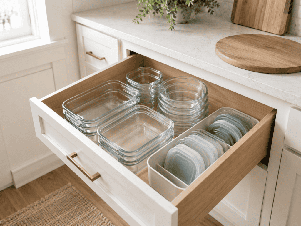 Glass food storage containers in a drawer with lids on the side.