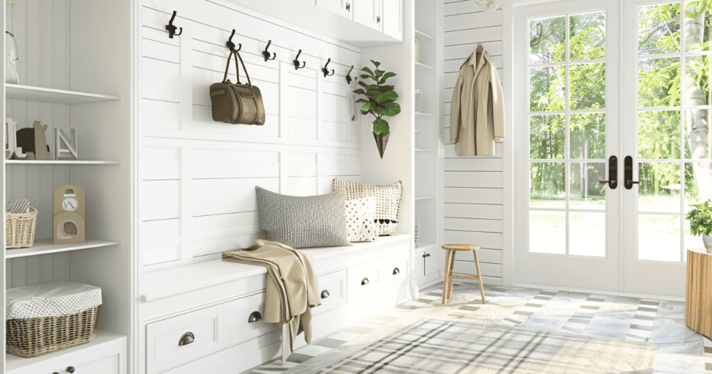 Entryway with wall hooks and hidden storage under bench