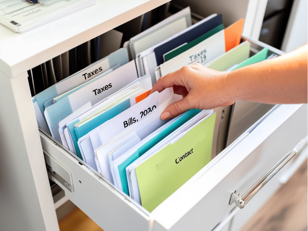 A white drawer open so you can see the files inside