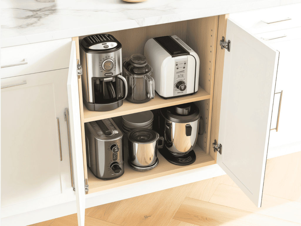 Kitchen appliances on two shelves in a kitchen cabinet.