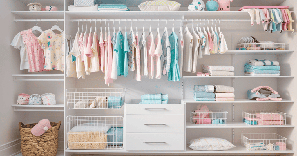 A closet with adjustable shelves and drawers with baskets and kids clothes on the shelves and on hangers