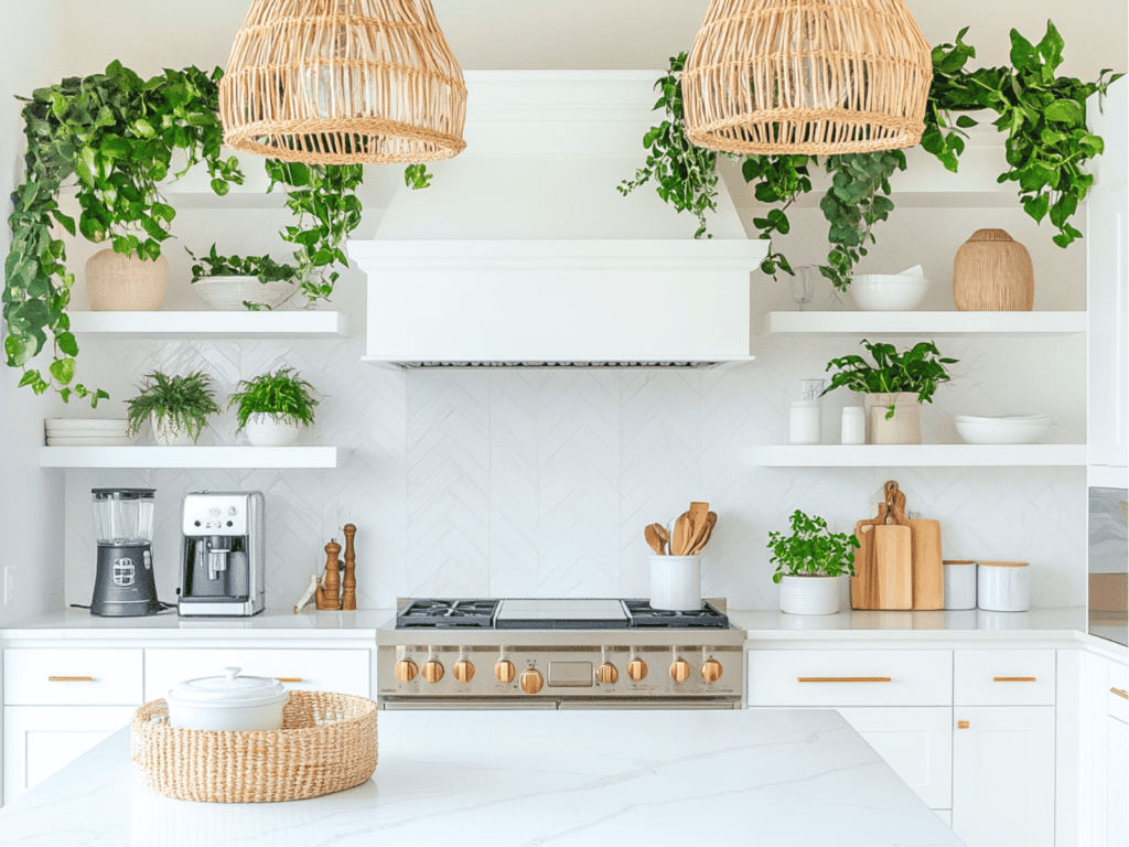 White kitchen with four floating shelves beside the stove