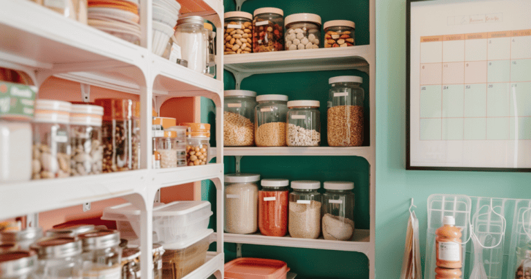 green and white organized kitchen pantry