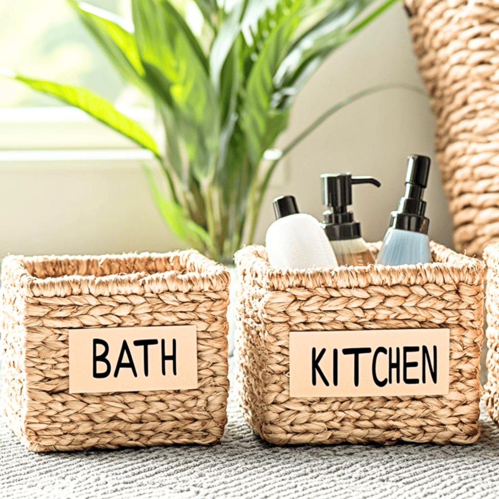 Two woven baskets and one is labeled bath and the other kitchen