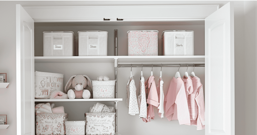 White baskets with labels on a top shelf in a child's closet