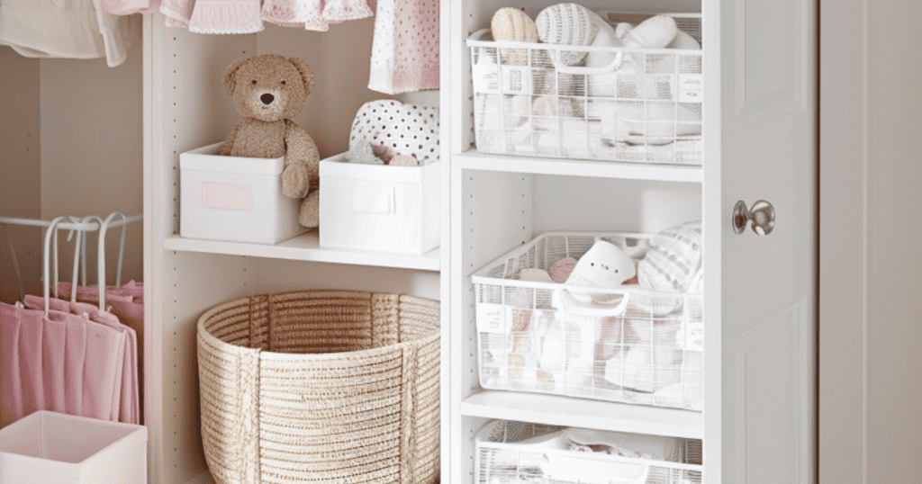 Laundry basket in closet under a shelf holding a teddy bear