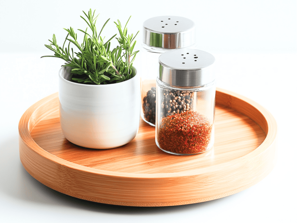 Brown lazy susan with two spices and a plant