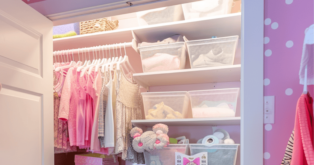 Closet with childrens clothes hanging on rack and bright light above the clothes