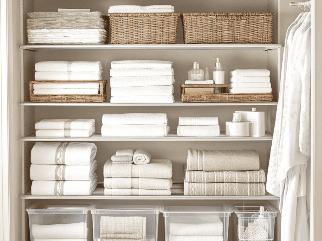 Linen closet with white towels and wicker baskets