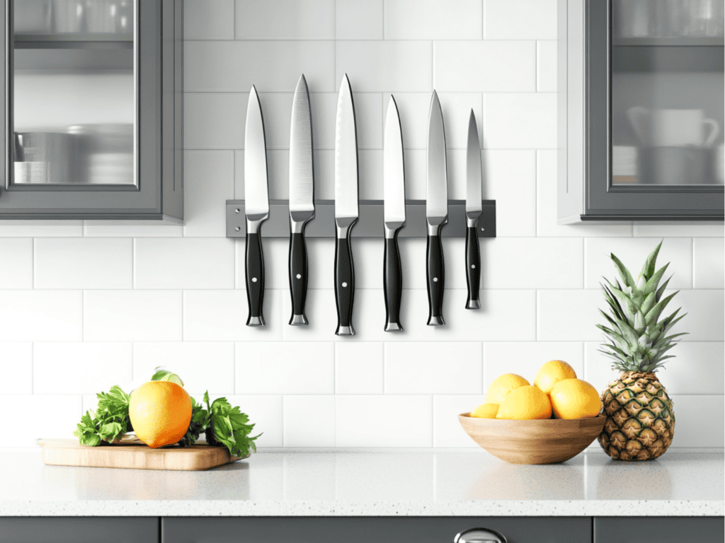 Magnetic strip on kitchen wall holding several knives.