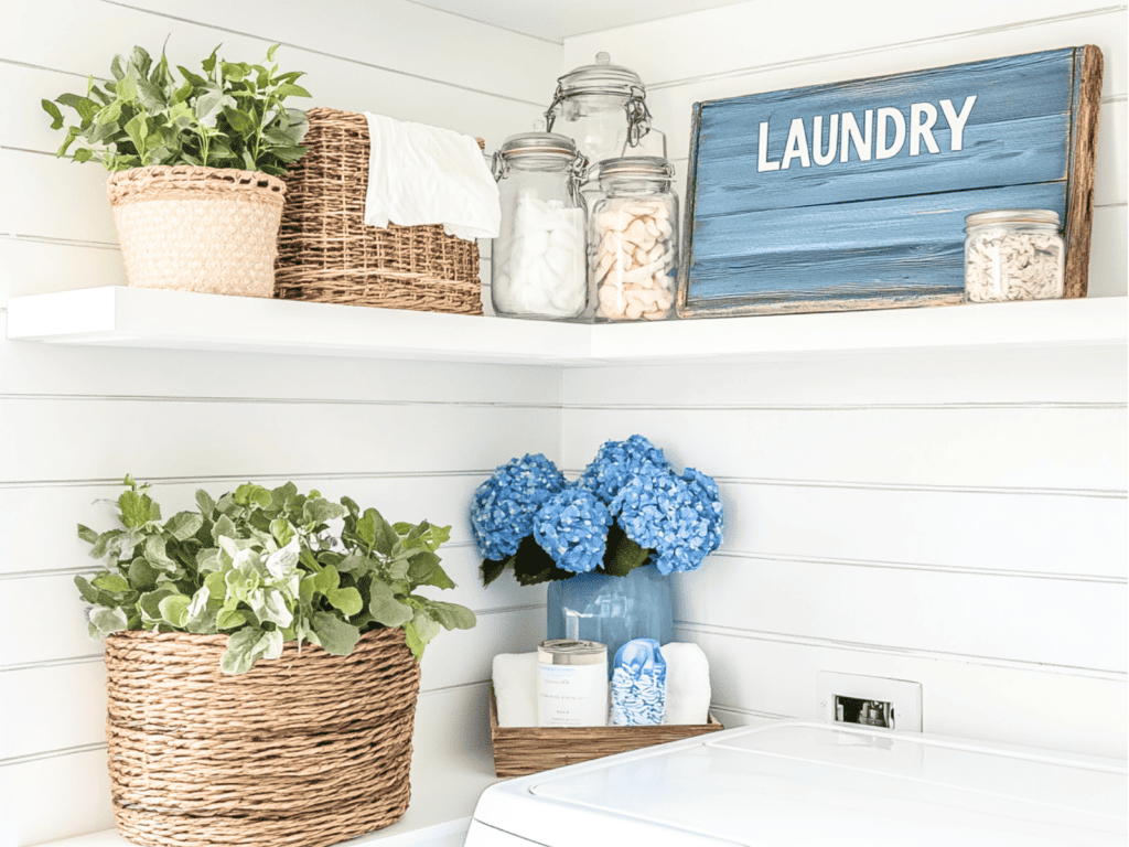 Two white shelves with decorative items on them and the shelf is in a laundry room