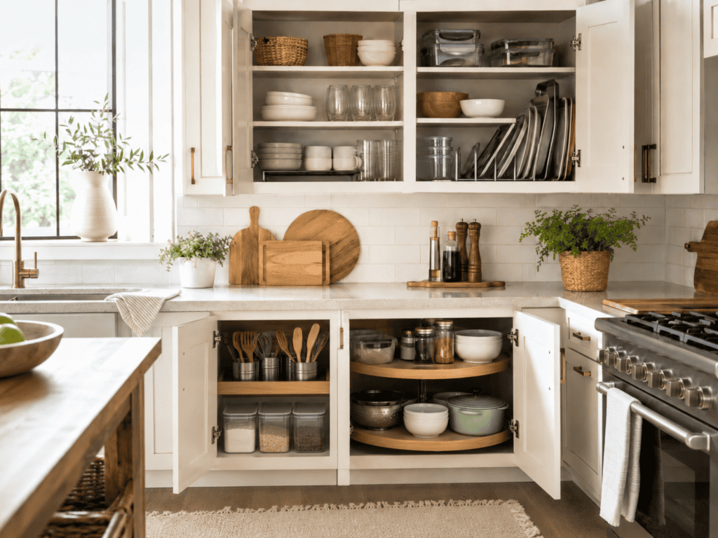 A small kitchen with four cabinet doors open. Each cabinet displays organized kitchen supplies inside.
