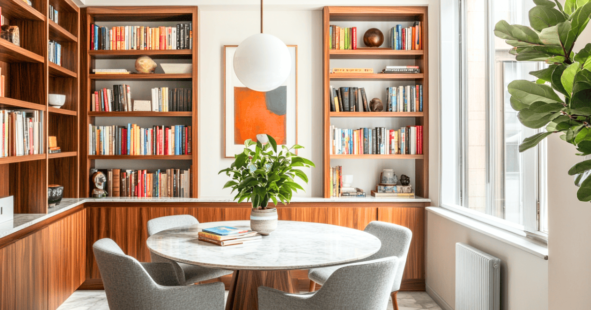 An organized bookcase behind a table with four chairs