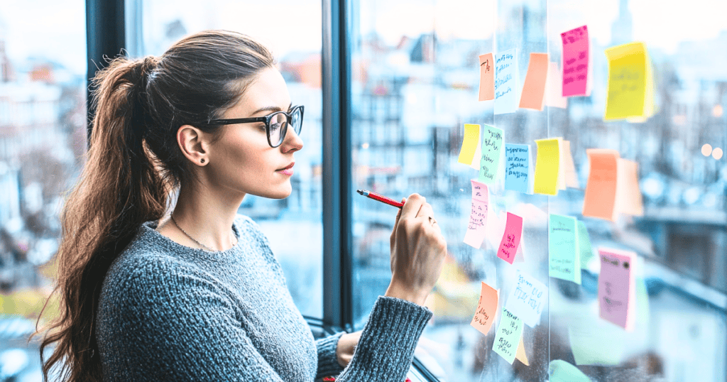 Woman writing her goals on sticky notes