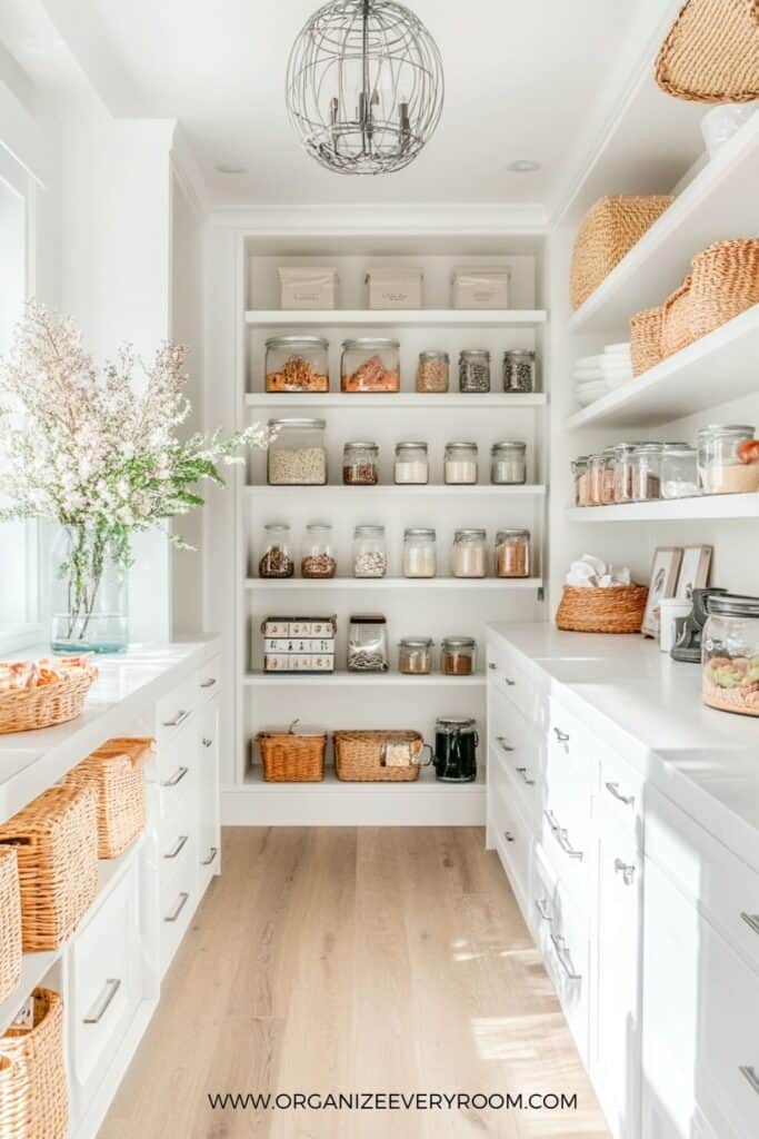 A white pantry with jars and baskets on the shelf