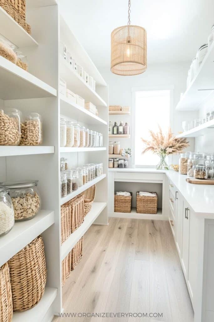 A narrow pantry with baskets and food on the shelves