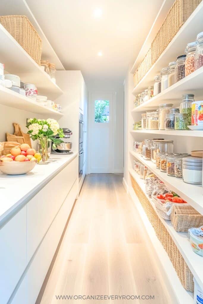 A well lit pantry stocked with a lot of food