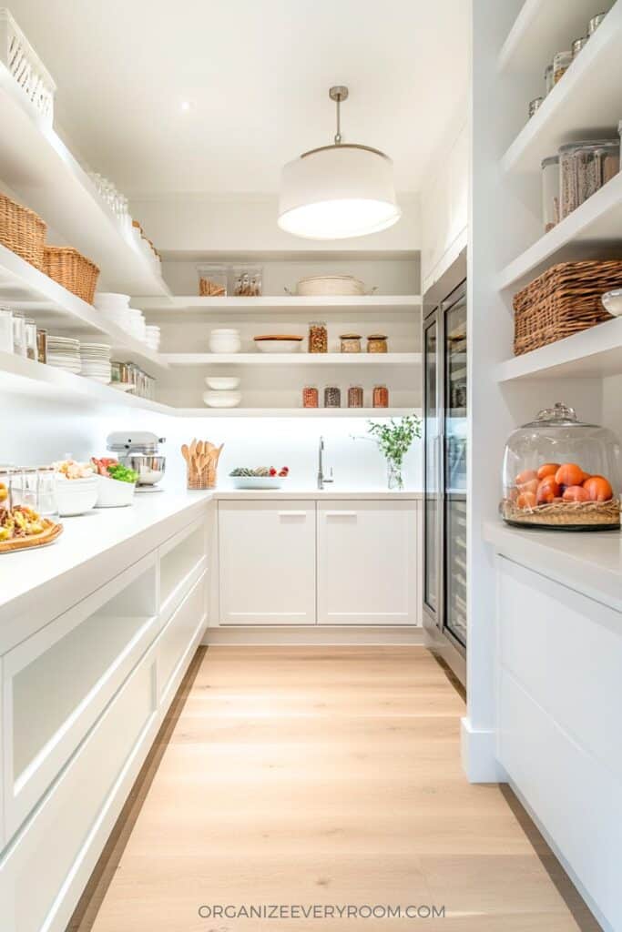 A well organized pantry with bins and baskets