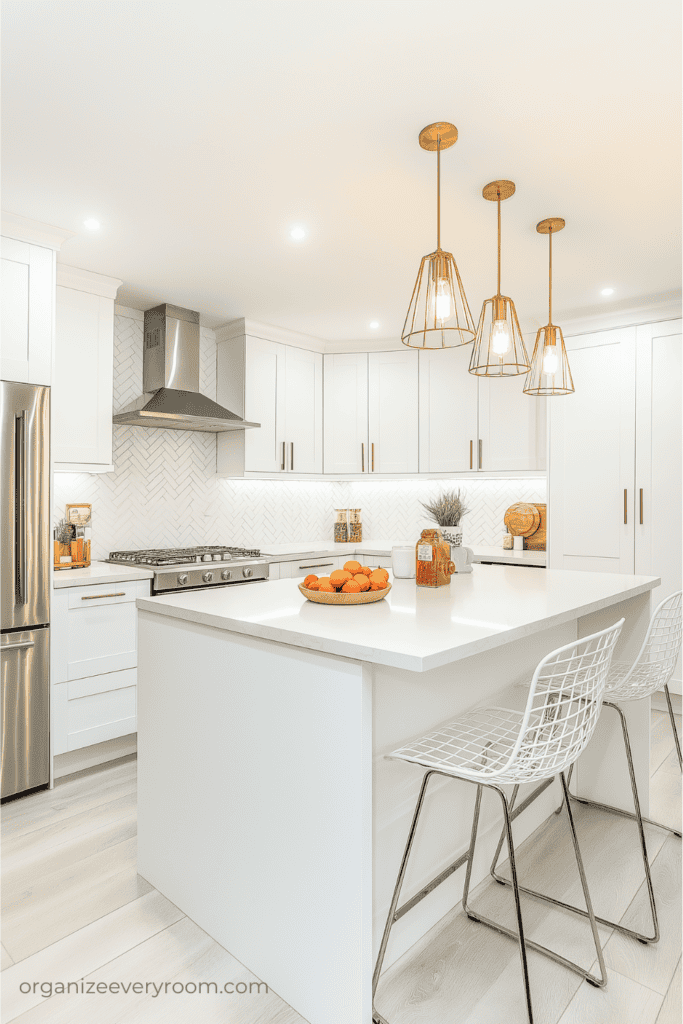 A small white kitchen with an island and two chairs.